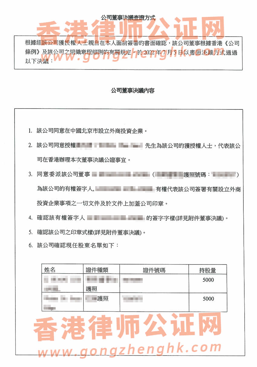 香港公司董事會(huì)決議證明公證樣本用于北京市設(shè)立外商投資企業(yè)