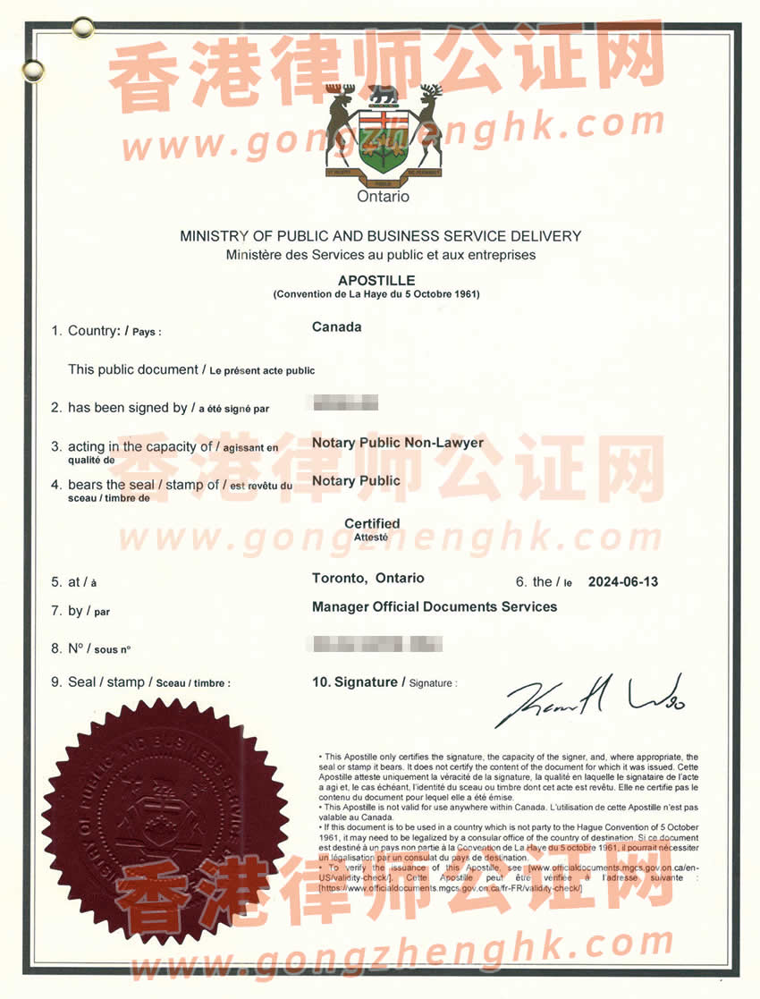 加拿大單身聲明海牙認證樣本用于在中國登記結(jié)婚